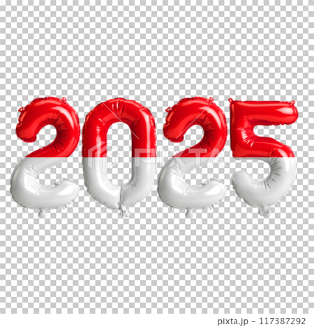 3D illustration of new year 2025 balloons on Indonesia flag color, isolated on transparent background 117387292