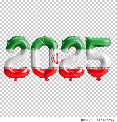 3D illustration of new year 2025 balloons on Iran flag color, isolated on transparent background 117387293