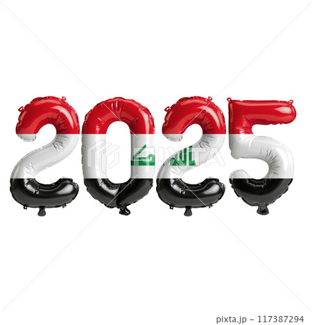 3D illustration of new year 2025 balloons on Iraq flag color, isolated on transparent background 117387294