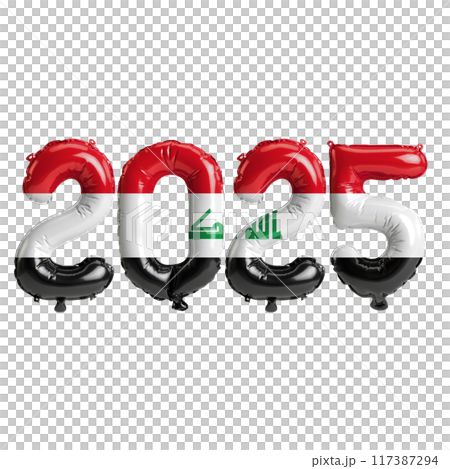 3D illustration of new year 2025 balloons on Iraq flag color, isolated on transparent background 117387294