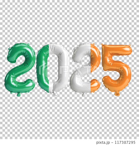 3D illustration of new year 2025 balloons on Ireland flag color, isolated on transparent background 3D illustration of new year 2025 balloons on Ireland flag color, isolated on transparent background 117387295