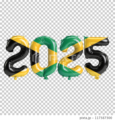 3D illustration of new year 2025 balloons on Jamaica flag color, isolated on transparent background 3D illustration of new year 2025 balloons on Jamaica flag color, isolated on transparent background 117387300