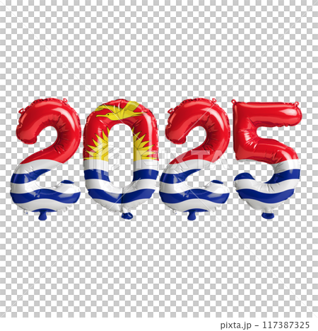 3D illustration of new year 2025 balloons on Kiribati flag color, isolated on transparent background 117387325
