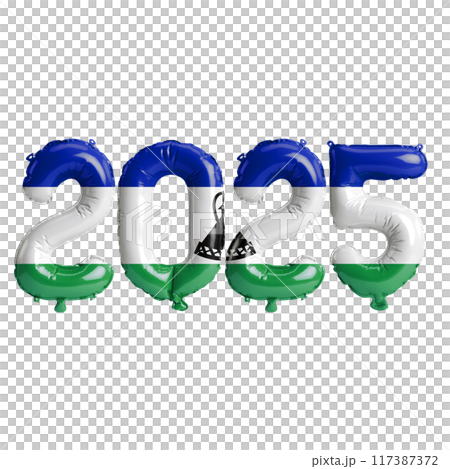 3D illustration of new year 2025 balloons on Lesotho flag color, isolated on transparent background 117387372