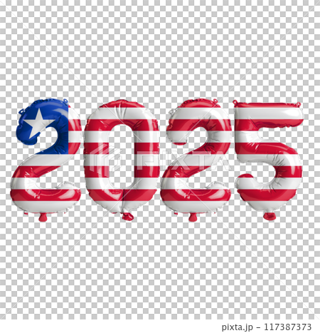3D illustration of new year 2025 balloons on Liberia flag color, isolated on transparent background 117387373