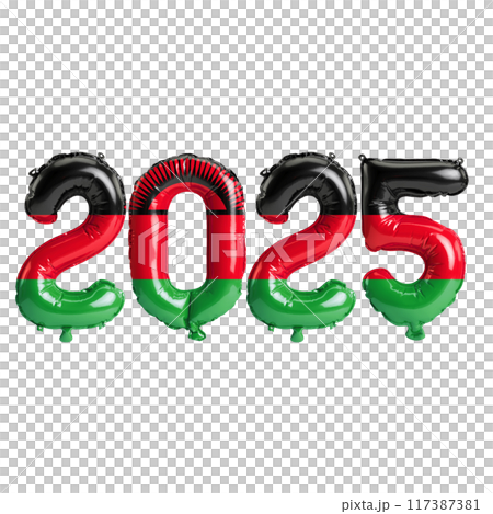 3D illustration of new year 2025 balloons on Malawi flag color, isolated on transparent background 117387381