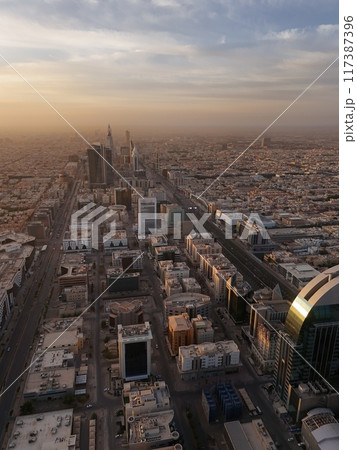 Drone shot flying. Saudi Arabia. Riyadh. Sunrise. 117387396