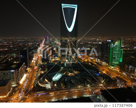 Drone shot foto. Saudi Arabia. Riyadh. Kingdom tower. Night. Drone shot foto. Saudi Arabia. Riyadh. Kingdom tower. Night. 117387406