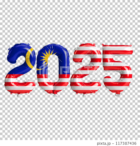 3D illustration of new year 2025 balloons on Malaysia flag color, isolated on transparent background 117387436