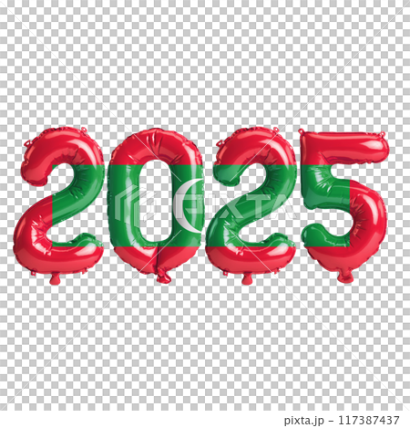 3D illustration of new year 2025 balloons on Maldives flag color, isolated on transparent background 3D illustration of new year 2025 balloons on Maldives flag color, isolated on transparent background 117387437