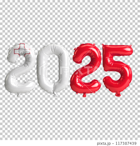 3D illustration of new year 2025 balloons on Malta flag color, isolated on transparent background 117387439