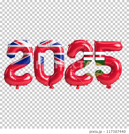 3D illustration of new year 2025 balloons on Manitoba flag color, isolated on transparent background 117387440