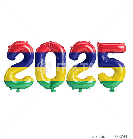 3D illustration of new year 2025 balloons on Mauritius flag color, isolated on transparent background 3D illustration of new year 2025 balloons on Mauritius flag color, isolated on transparent background 117387443