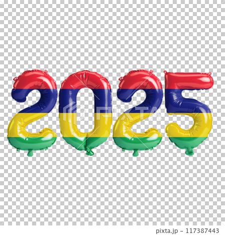 3D illustration of new year 2025 balloons on Mauritius flag color, isolated on transparent background 3D illustration of new year 2025 balloons on Mauritius flag color, isolated on transparent background 117387443