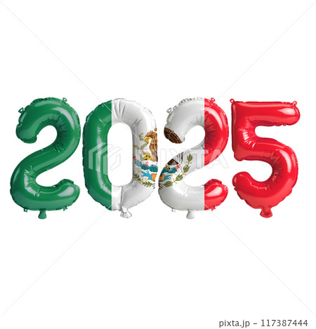 3D illustration of new year 2025 balloons on Mexico flag color, isolated on transparent background 117387444