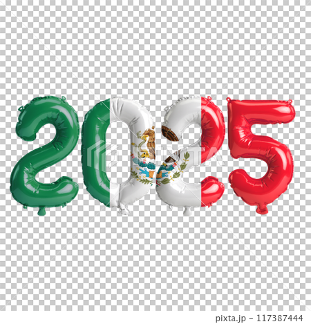 3D illustration of new year 2025 balloons on Mexico flag color, isolated on transparent background 117387444