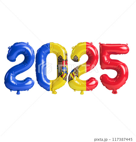 3D illustration of new year 2025 balloons on Moldova flag color, isolated on transparent background 117387445