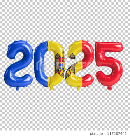 3D illustration of new year 2025 balloons on Moldova flag color, isolated on transparent background 117387445