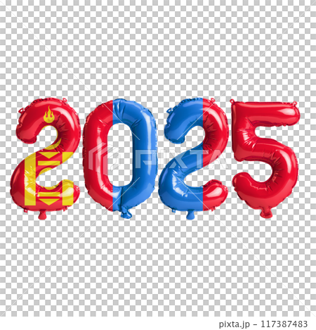 3D illustration of new year 2025 balloons on Mongolia flag color, isolated on transparent background 117387483