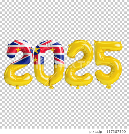 3D illustration of new year 2025 balloons on Niue flag color, isolated on transparent background 117387590