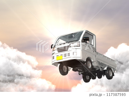 日本の誇る軽トラの優れた機能性　特性などを　背景の空と合わせた3DCGイメージ 117387593