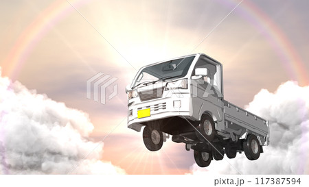 日本の誇る軽トラの優れた機能性　特性などを　背景の空と合わせた3DCGイメージ(ワイドサイズ) 117387594