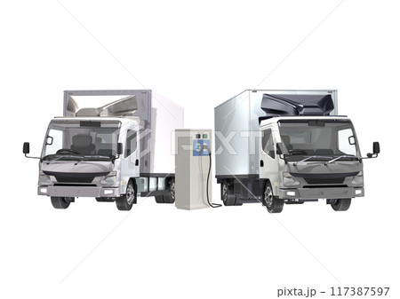 EVトラック　EV車　充電スタンド　カーボンニュートラル　運送　物流(3DCGイメージ) 117387597