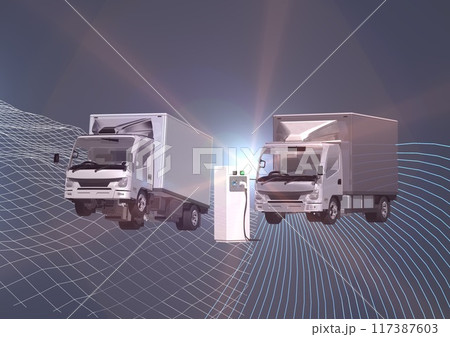 EVトラック　EV車　充電スタンド　カーボンニュートラル　運送　物流(3DCGイメージ) 117387603