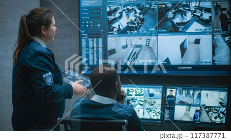 Multiethnic CCTV operators control security cameras on computer and tablet Multiethnic CCTV operators control security cameras on computer and tablet 117387771