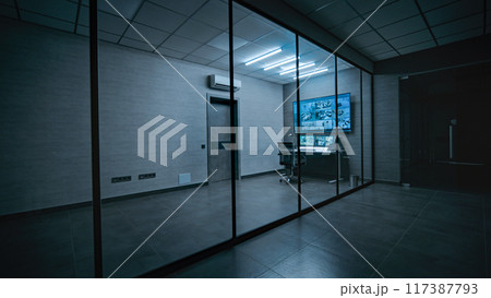 View on the workplace for security worker or operator in monitoring room 117387793