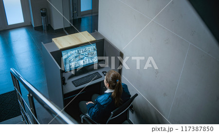 Female security guard works on computer with real time view from surveillance cameras 117387850