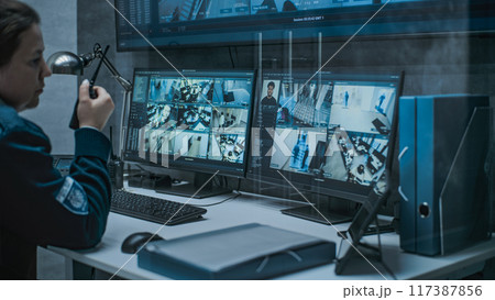 Female dispatch or CCTV operator works on computer in monitoring center Female dispatch or CCTV operator works on computer in monitoring center 117387856
