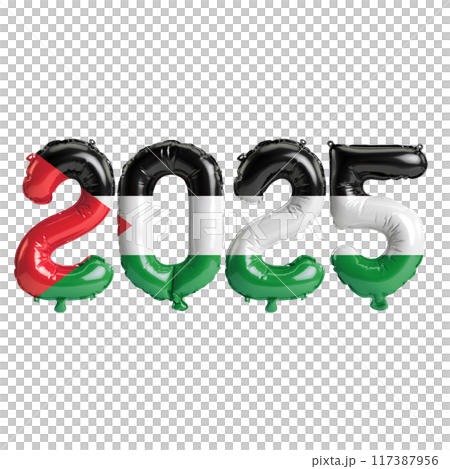 3D illustration of new year 2025 balloons on Palestine flag color, isolated on transparent background 117387956