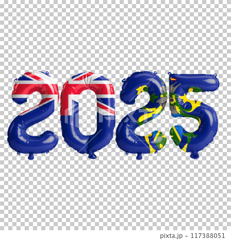 3D illustration of new year 2025 balloons on Pitcairn Islands flag color, isolated on transparent background 117388051