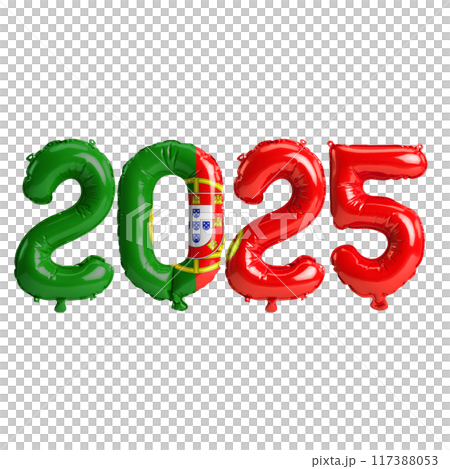 3D illustration of new year 2025 balloons on Portugal flag color, isolated on transparent background 117388053