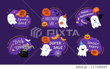 Halloween kawaii ghosts, holiday characters on amoeba blobs sale frames. Halloween season sale, holiday party vector background, frame or sticker with funny ghosts characters, witch cauldron and bats Halloween kawaii ghosts, holiday characters on amoeba blobs sale frames. Halloween season sale, holiday party vector background, frame or sticker with funny ghosts characters, witch cauldron and bats 117388092
