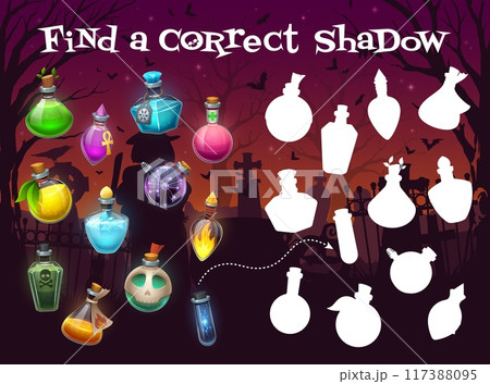 Halloween kids game, find correct shadow of magic potion bottle, vector puzzle worksheet. Find and match same silhouettes of witch poison, liquid spell or magic elixir in bottles in Halloween cemetery Halloween kids game, find correct shadow of magic potion bottle, vector puzzle worksheet. Find and match same silhouettes of witch poison, liquid spell or magic elixir in bottles in Halloween cemetery 117388095