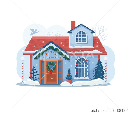 Christmas winter house facade exterior. Snow blankets the charming xmas home, adorned with twinkling lights and festive decorations, evoking warmth and holiday cheer against the serene wintry backdrop Christmas winter house facade exterior. Snow blankets the charming xmas home, adorned with twinkling lights and festive decorations, evoking warmth and holiday cheer against the serene wintry backdrop 117388122