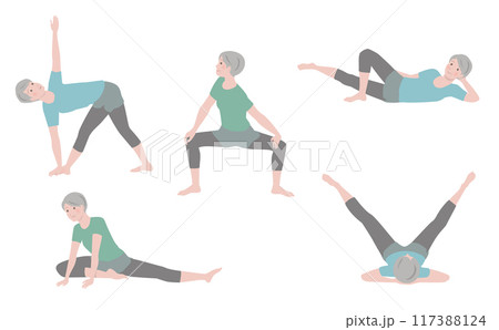 足パカなど、内転筋ストレッチをする年配の女性のイラストセット：筋トレ、サルコぺニア予防、高齢者 117388124