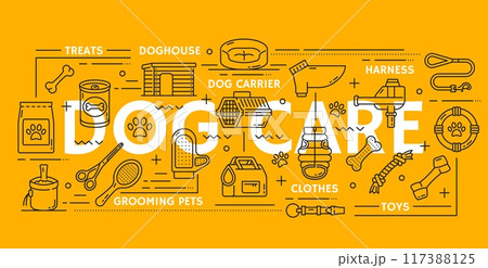 Dog pet care banner, grooming supplies and toys or food snacks in vector line icons. Dog pet care, leash and harness collar with clothes, doghouse and carrier bag with pillow bed and grooming brush 117388125