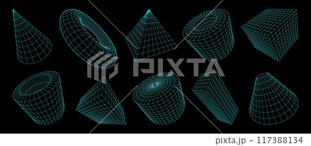 3d grid shapes, wireframe geometric figures. Vector set of three-dimensional futuristic forms such as cones, spheres, pyramids, cubes, cylinders or torus and abstract twisted digital meshed structures 3d grid shapes, wireframe geometric figures. Vector set of three-dimensional futuristic forms such as cones, spheres, pyramids, cubes, cylinders or torus and abstract twisted digital meshed structures 117388134