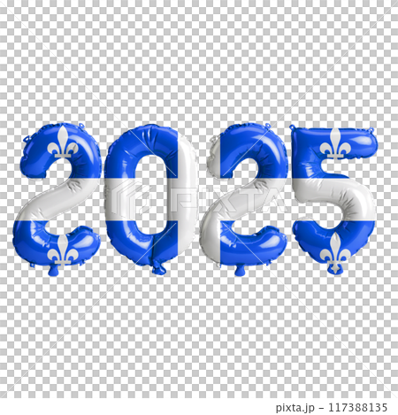 3D illustration of new year 2025 balloons on Quebec flag color, isolated on transparent background 117388135