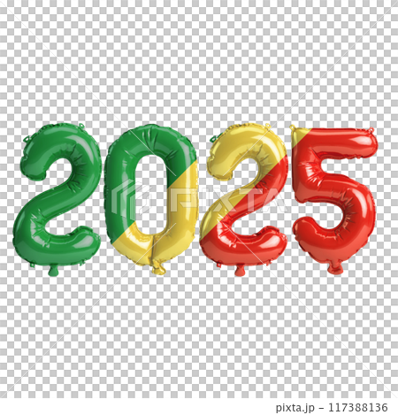 3D illustration of new year 2025 balloons on Republic of the Congo flag color, isolated on transparent background 117388136