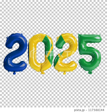 3D illustration of new year 2025 balloons on Saint Vincent and the Grenadines flag color, isolated on transparent background 117388144