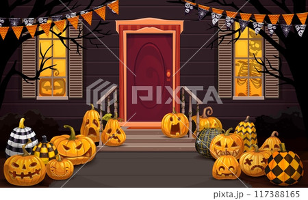Halloween decorated door porch with pennant garlands, scary patterned pumpkins and spooky silhouettes of vector skeleton and skull. Halloween trick or treat horror night holiday house decor with flags Halloween decorated door porch with pennant garlands, scary patterned pumpkins and spooky silhouettes of vector skeleton and skull. Halloween trick or treat horror night holiday house decor with flags 117388165