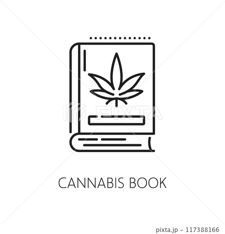 Cannabis book line icon. CBD and marijuana, weed extract symbol. Medical cannabis shop thin line sign, natural marijuana farm or medicine CBD drug linear vector icon or pictogram with book 117388166