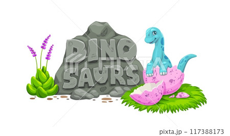 Prehistoric cartoon dino in eggshell. Isolated cute vector newborn sauropod baby dinosaur hatching from the broken egg shell and font on stone plate. Cute Jurassic era reptile for kids game or book 117388173