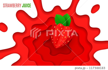 Paper cut strawberry juice splash with vector 3d origami berry. Summer sweet strawberry fruit juice or dessert smoothie beverage explosion splash with paper cut wavy layers, juicy splatters and drops 117388183