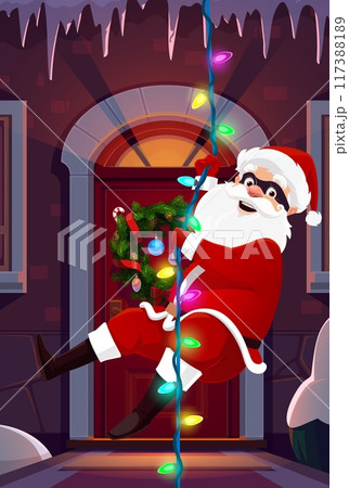 Christmas Santa hanging on garland on door porch for secret Santa party. Cartoon vector Secret Santa in mask sneaking in house from roof with icicles for winter holiday Christmas and New Year Christmas Santa hanging on garland on door porch for secret Santa party. Cartoon vector Secret Santa in mask sneaking in house from roof with icicles for winter holiday Christmas and New Year 117388189
