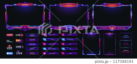 Neon overlay game screen and panel interface frames, vector GUI buttons and controls. Online live stream game interface of neon bars with gamer names and UI information signs, chat and menu options 117388191